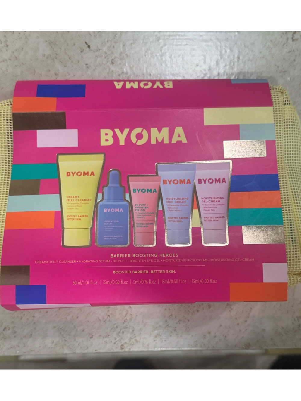 BYOMA Skincare Set with Byoma branded tagged makeup bag